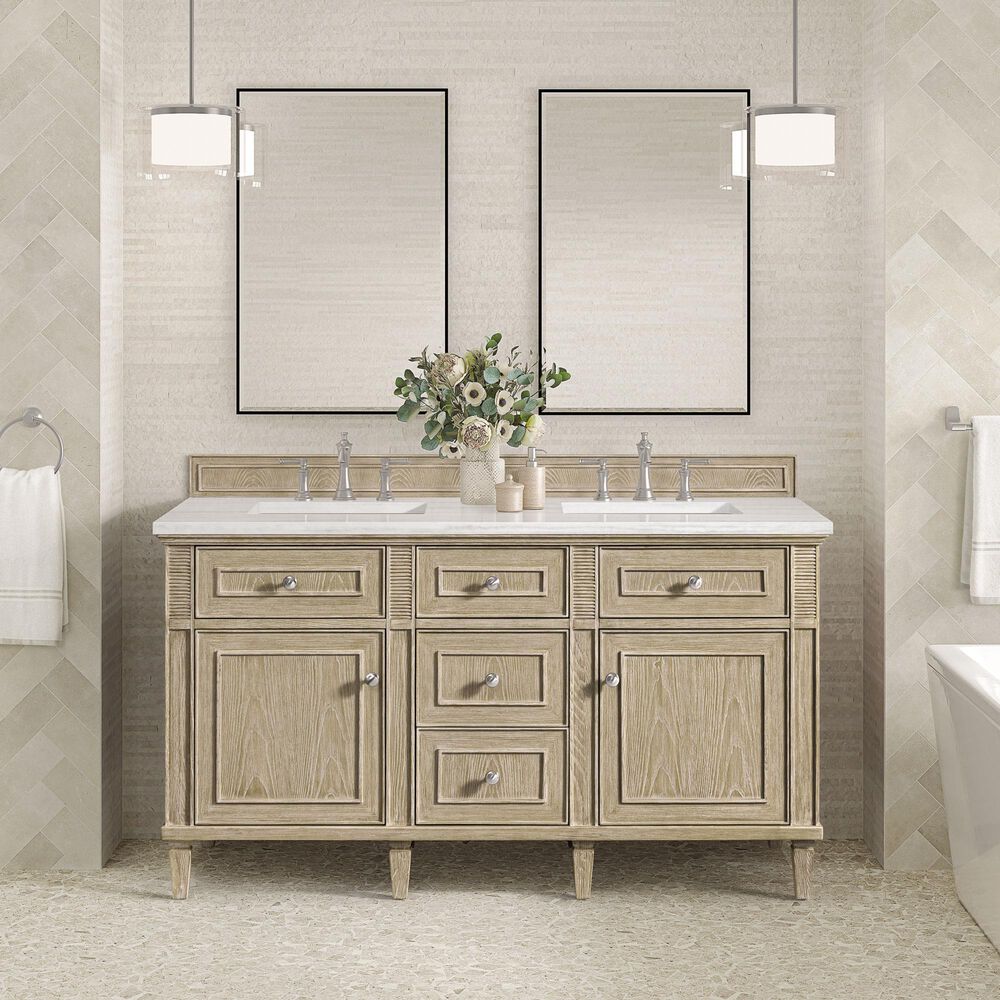 James Martin Vanities Lorelai 60&quot; Double Vanity in Whitewashed Oak with 3 cm Arctic Fall Solid Surface Top, , large
