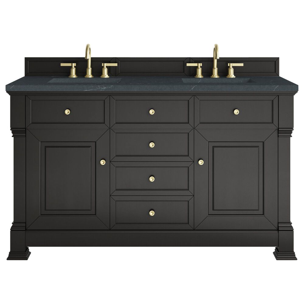 James Martin Vanities Brookfield 60&quot; Double Bathroom Vanity in Black Onyx with 3 cm Charcoal Soapstone Quartz Top and Rectangular Sinks, , large