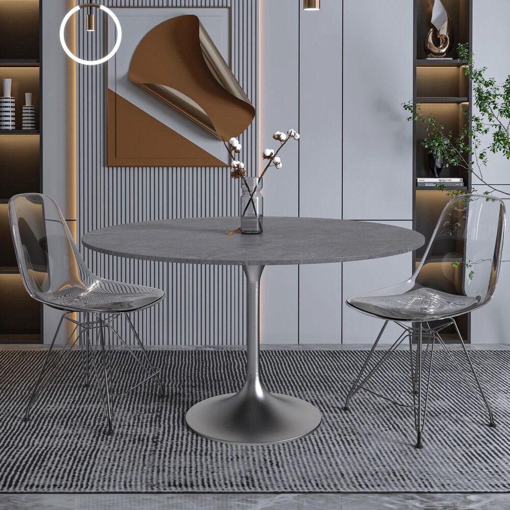 Leisuremod LeisureMod Verve Collection 48 Round Dining Table, Brushed Chrome Base with Sintered Stone Grey Top, , large