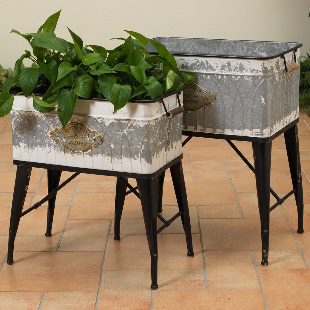 The Gerson Company Assorted Planter with Stand in Grey and Antiqued White &#40;Set of 2&#41;, , large