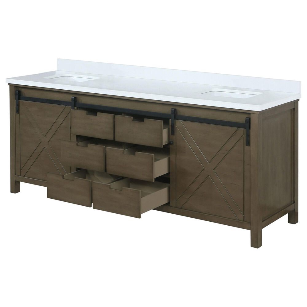 Lexora Home Marsyas 80&quot; Double Bathroom Vanity in Rustic Brown with 2 cm White Cultured Marble Top and Rectangular Sinks, , large