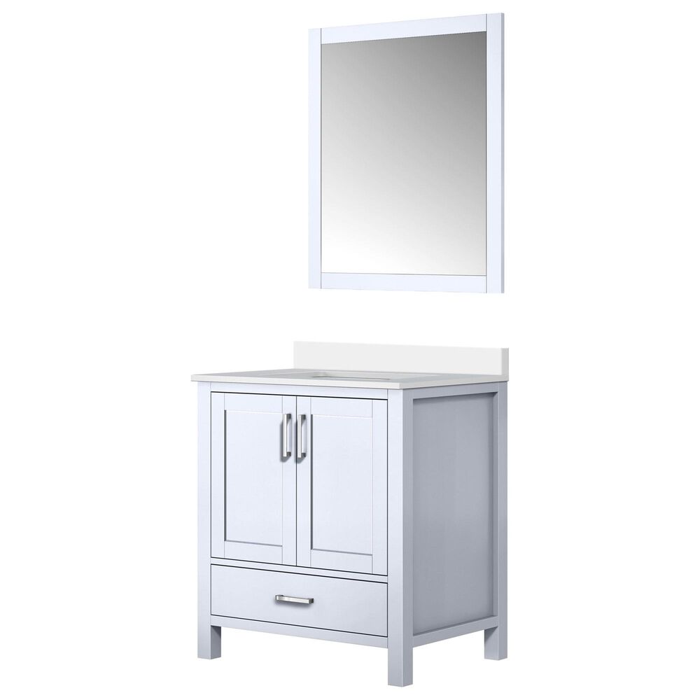 Lexora Home Jacques 30" Single Bathroom Vanity in Navy Blue with 2 cm White Quartz Top, Rectangular Sink and 28" Mirror, , large