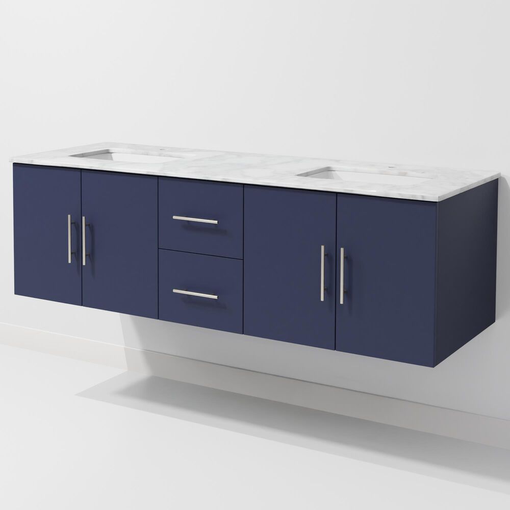 Lexora Home Geneva 60" Double Bathroom Vanity in Navy Blue with 2 cm White Carrara Marble Top and Rectangular Sinks, , large