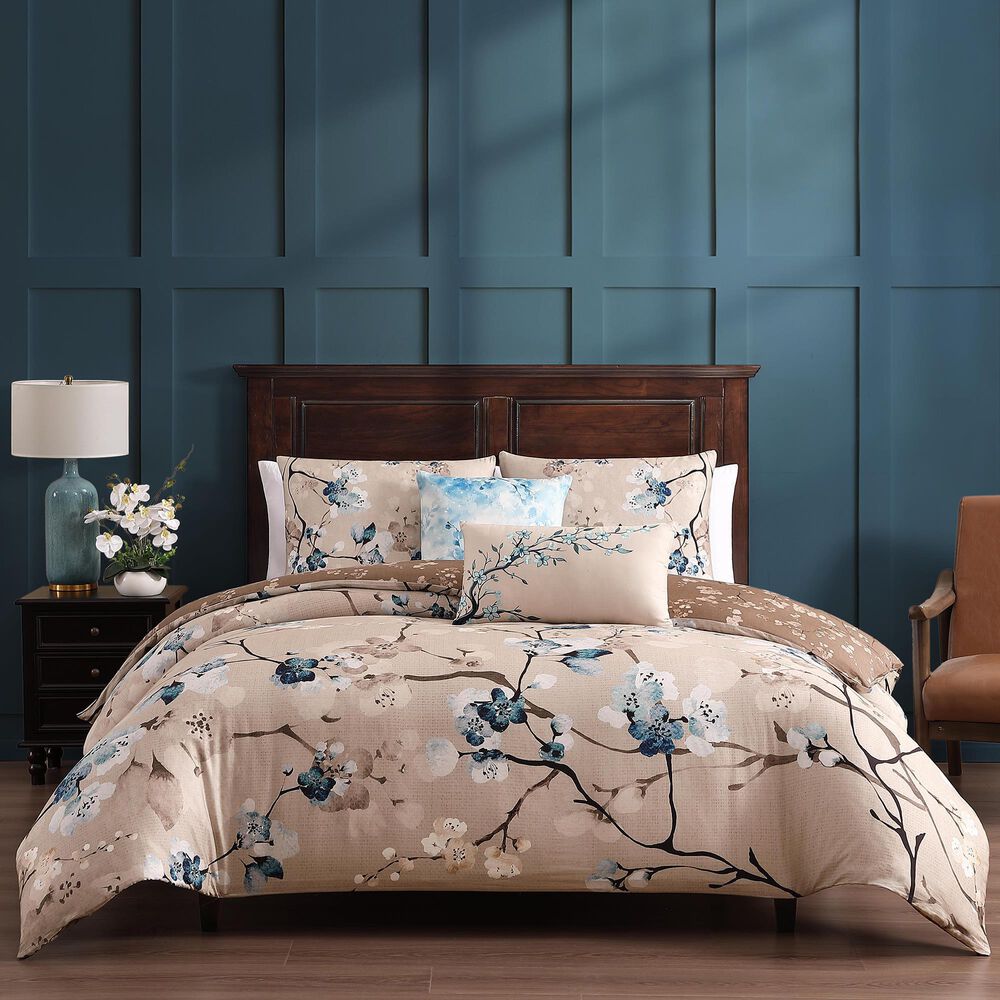Bebejan Blue Blossom 5-Piece King Reversible Comforter Set in Cerulean Blue, Taupe and Dark Brown, , large