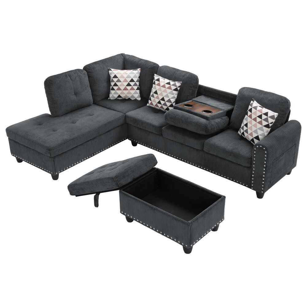 HOMLUX 94.49" L-Shaped Modular Sectional Sofa with Storage Ottoman and Cup Holders in Dark Gray, , large