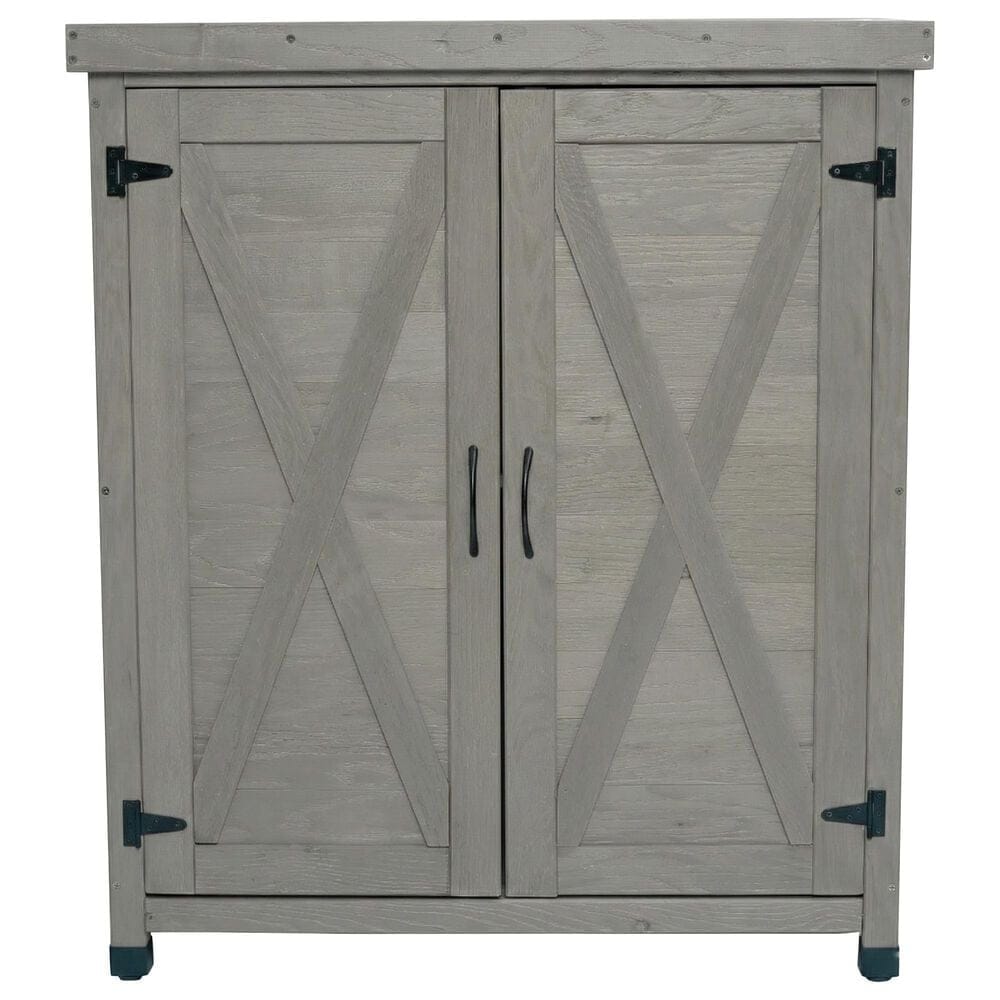 Hearth and Haven Outdoor Wooden Storage Cabinet with Metal Top and Adjustable Protective Footpad in Gray, , large