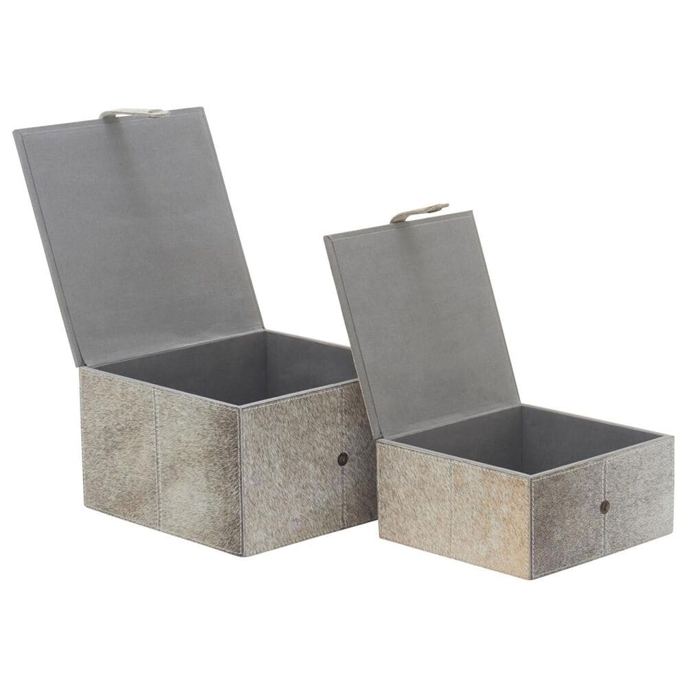 Maple and Jade 2-Piece Handmade Cowhide Decorative Box Set with Leather Loop Closure in Gray and White, , large