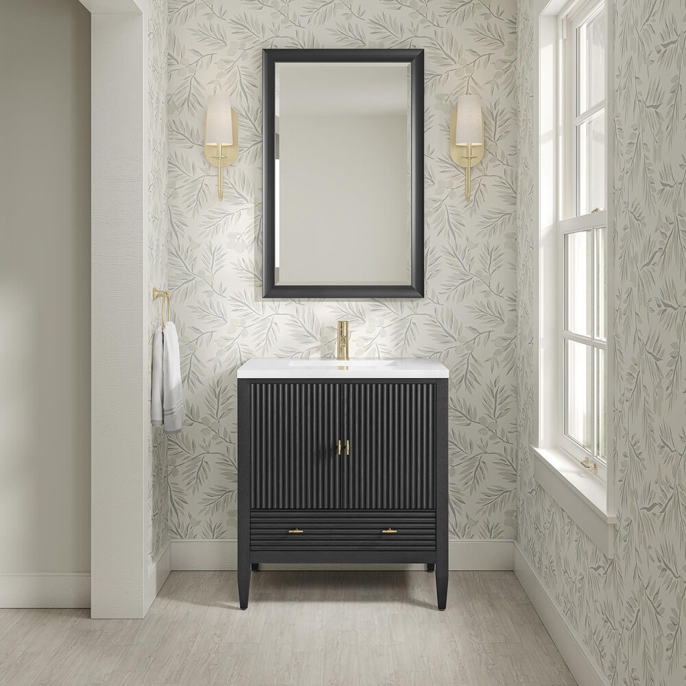 James Martin Myrrin 30" Single Bathroom Vanity in Carbon Oak with Single Hole 3 cm White Zeus Silestone Top and Rectangular Sink, , large