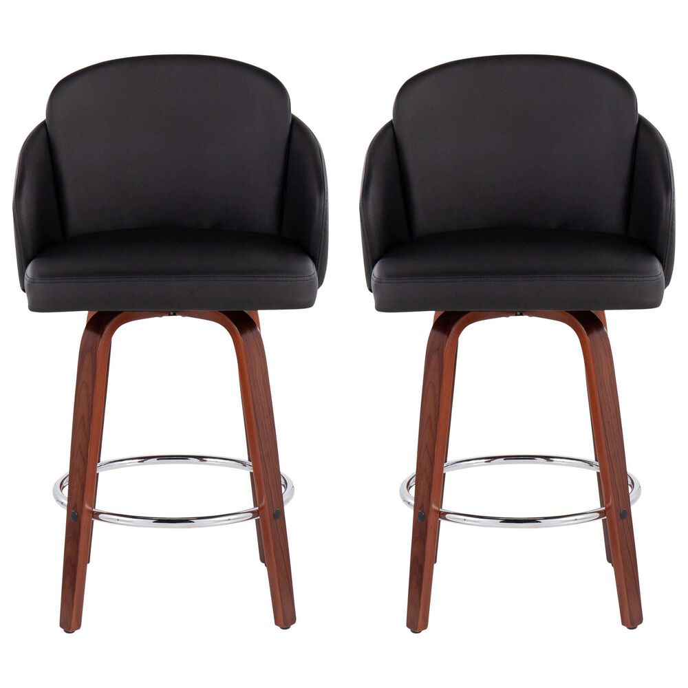 LumiSource Dahlia Swivel Counter Stool with Black Faux Leather Upholstery in Walnut and Chrome (Set of 2), , large