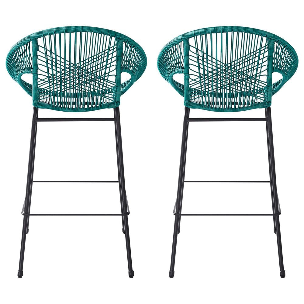 Hearth and Haven Ferrara Outdoor Faux Wicker Barstool in Teal (Set of 2), , large