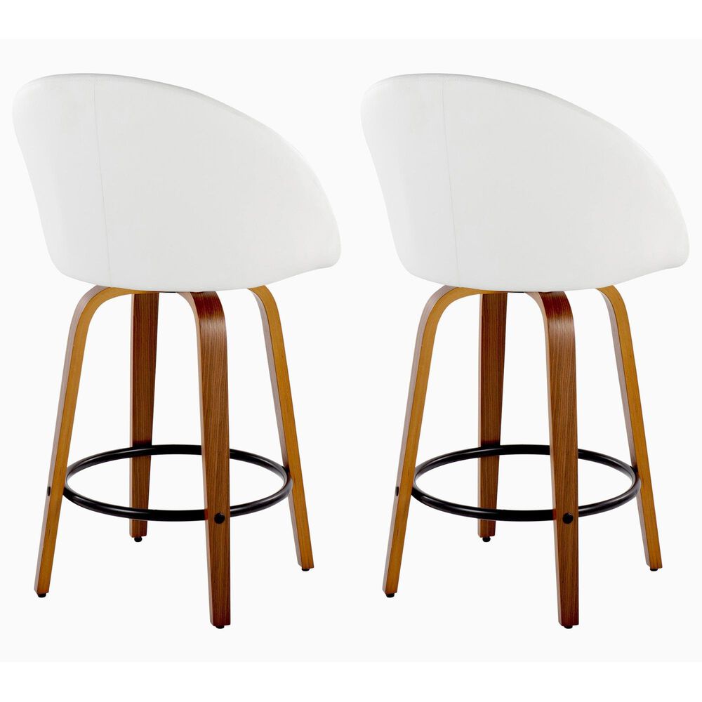 LumiSource Matisse 26" Swivel Counter Stool with White Faux Leather Upholstery in Walnut and Black (Set of 2), , large