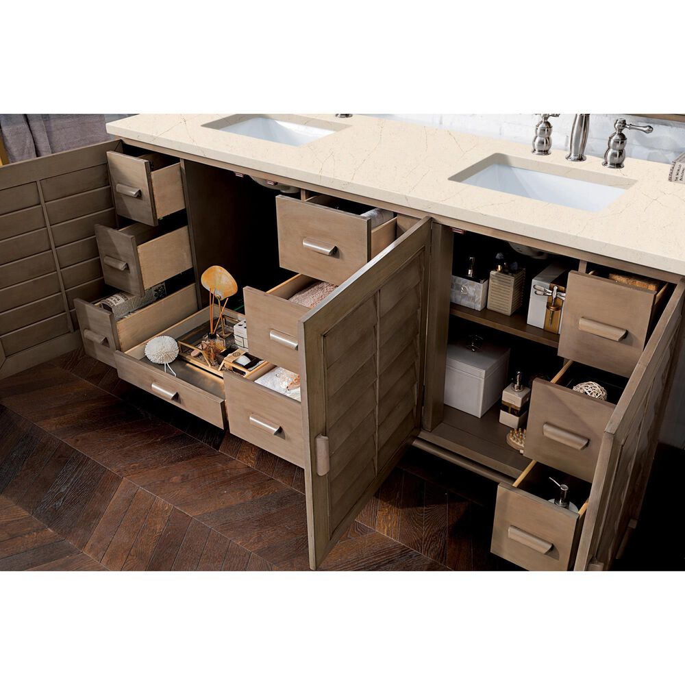 James Martin Vanities Portland 72&quot; Double Bathroom Vanity in Whitewashed Walnut with 3 cm Eternal Marfil Quartz Top and Rectangular Sinks, , large
