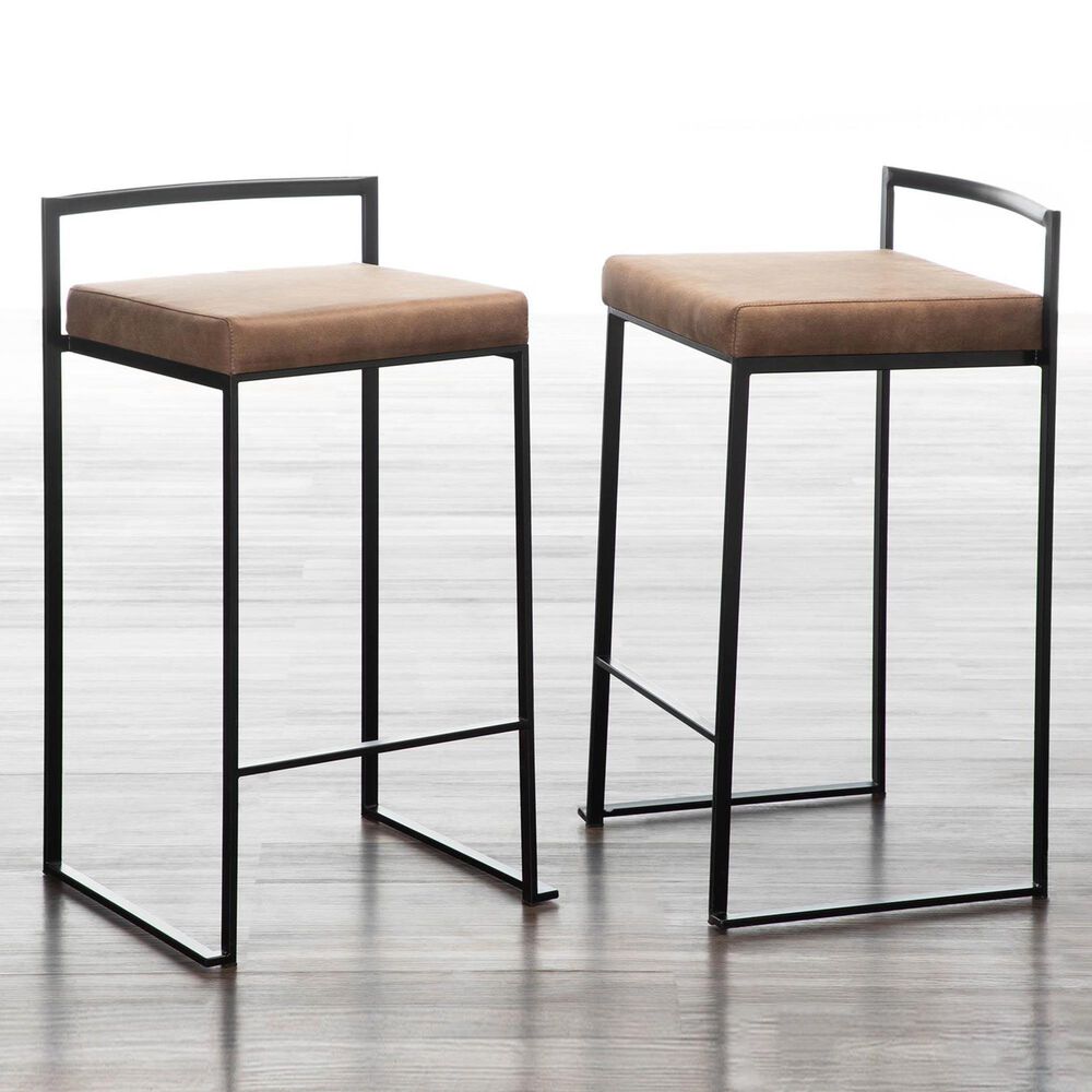 LumiSource Fuji 26" Stacker Counter Stool with Brown Cowboy Upholstery in Black (Set of 2), , large