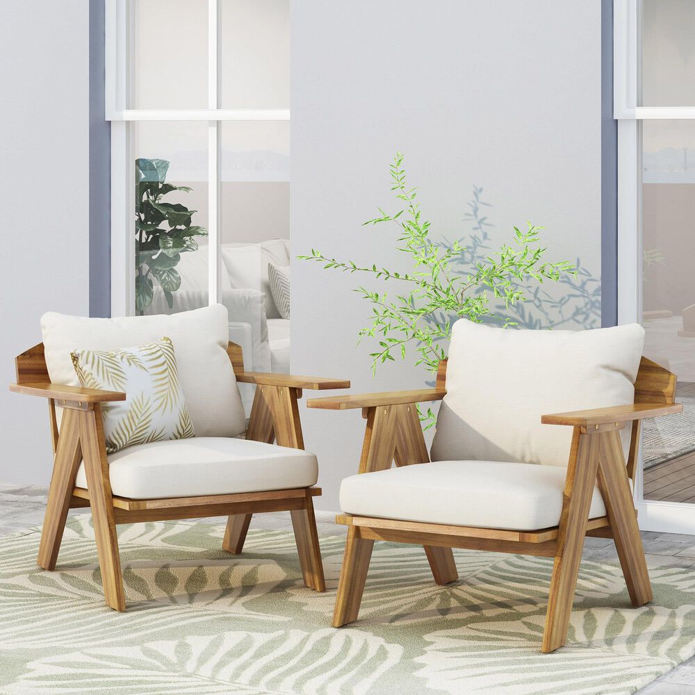 Hearth and Haven Outdoor Club Chair with Beige Cushion in Teak &#40;Set of 2&#41;, , large