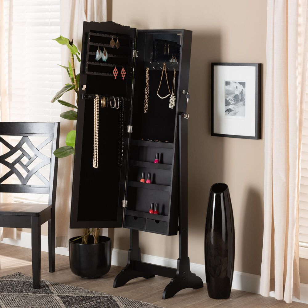 Baxton Studio Madigan Jewelry Armoire with Mirror in Black NFM