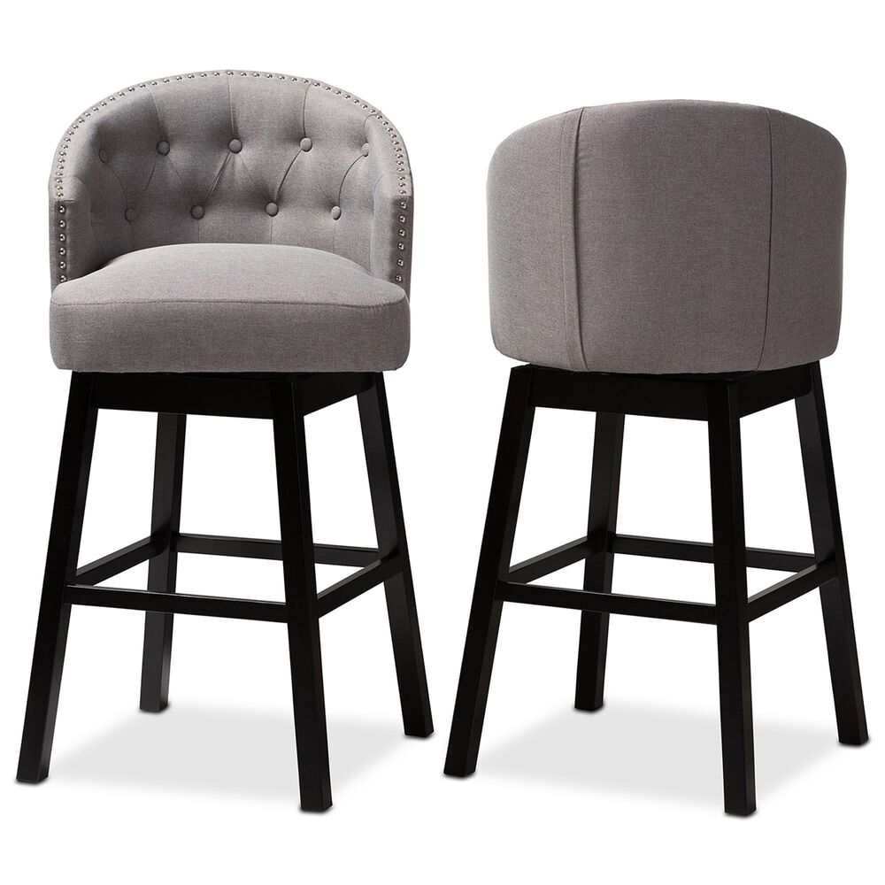 Baxton Studio Theron Swivel Bar Stool with Grey Cushion in Espresso (Set of 2), , large