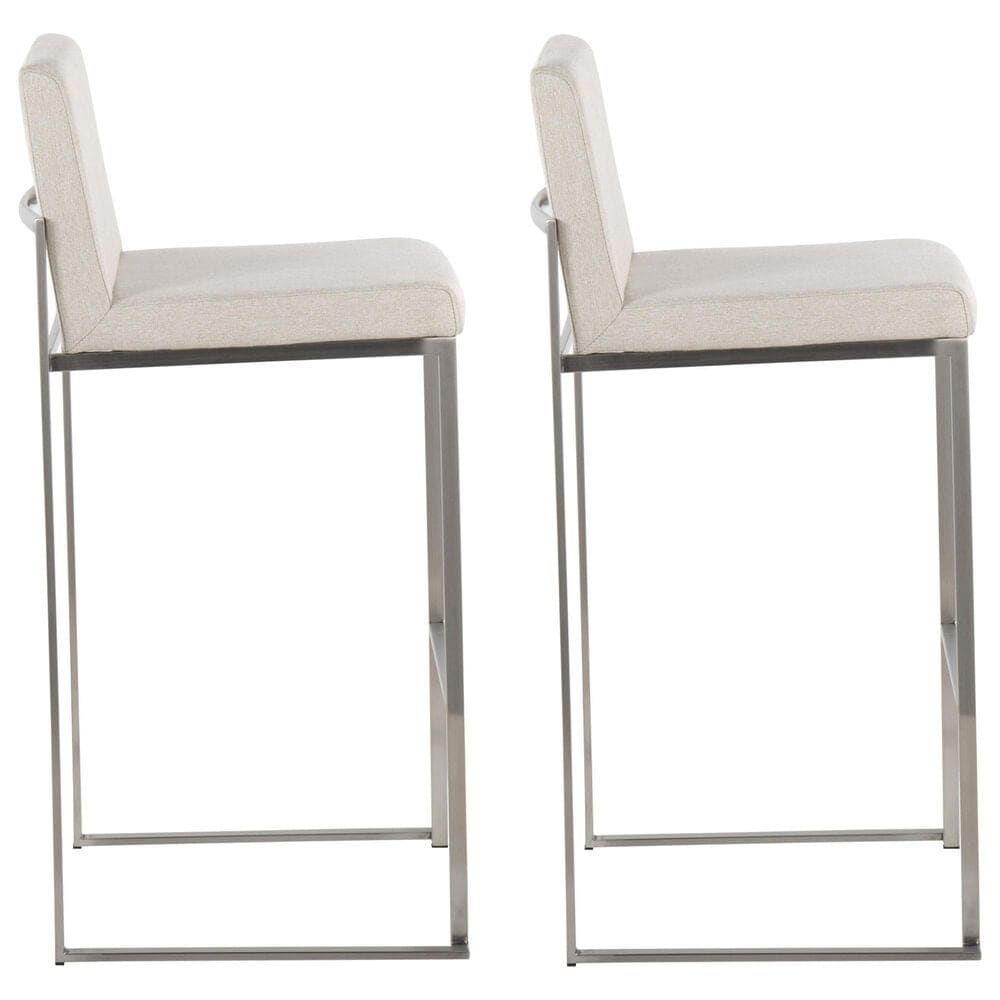 Lumisource Fuji High Back Barstool with Beige Fabric in Stainless Steel &#40;Set of 2&#41;, , large
