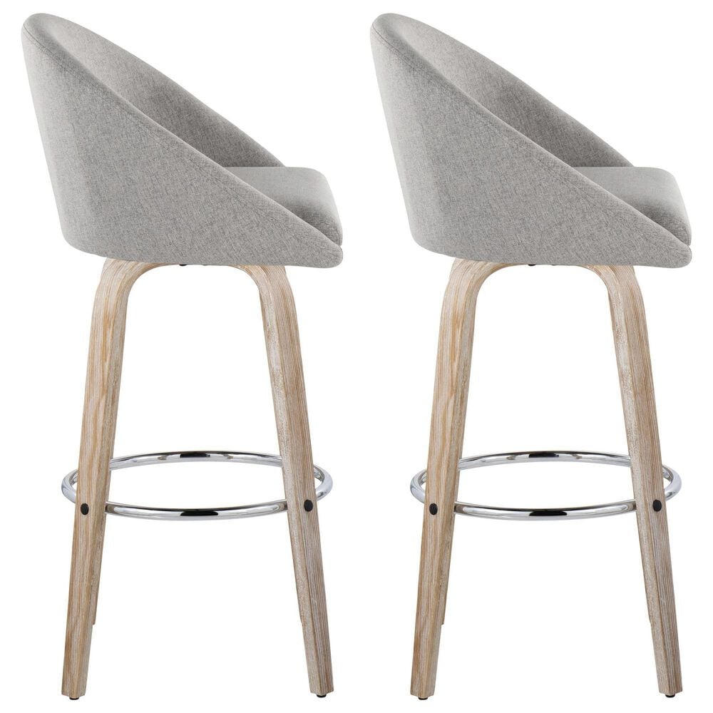LumiSource Matisse 30" Swivel Barstool with Grey Fabric Upholstery in Whitewashed and Chrome (Set of 2), , large