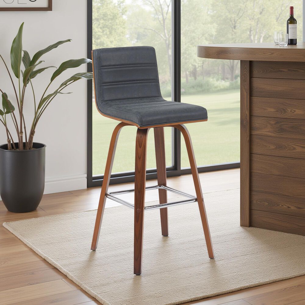 Armen Living Vienna Swivel Bar Height Stool with Vintage Black Upholstery in Walnut, , large