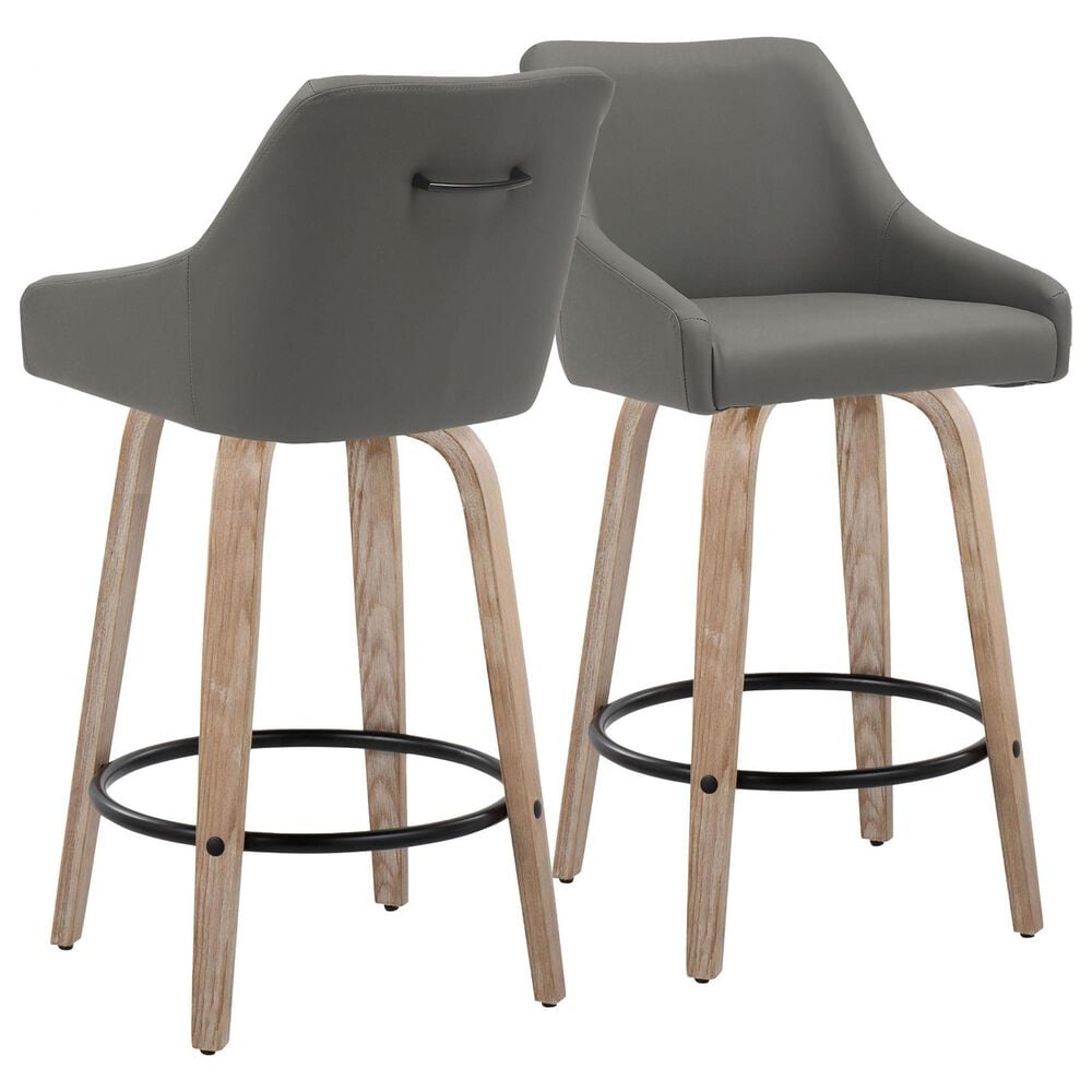 LumiSource Hannah Swivel Counter Stool with Dark Grey Faux Leather Upholstery in Whitewashed and Black (Set of 2), , large