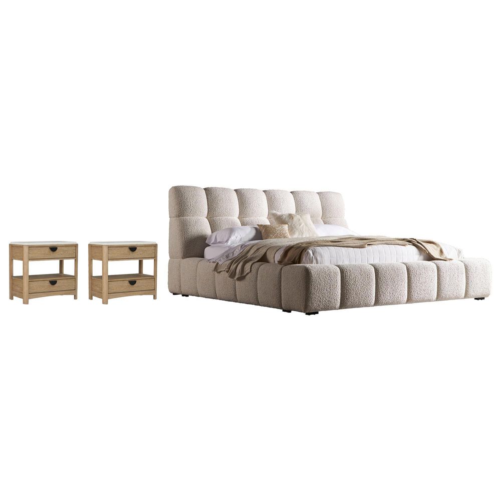 Simeon Collection Escape Queen Upholstered Platform Bed with 2 Nightstands in Natural Patina and Sandstone, , large