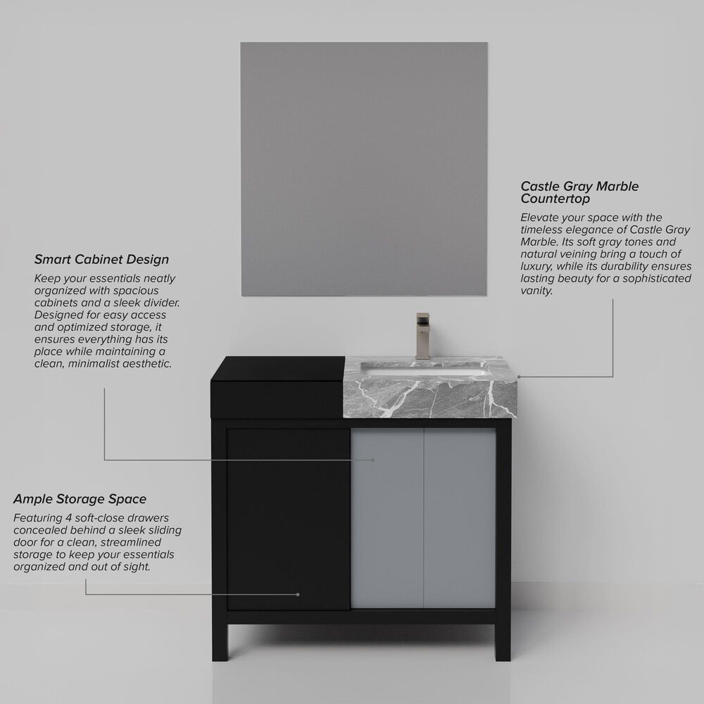 Lexora Home Zilara 36&quot; Single Bathroom Vanity in Black and Grey with 11 cm Castle Grey Marble Top and Rectangular Sink, , large