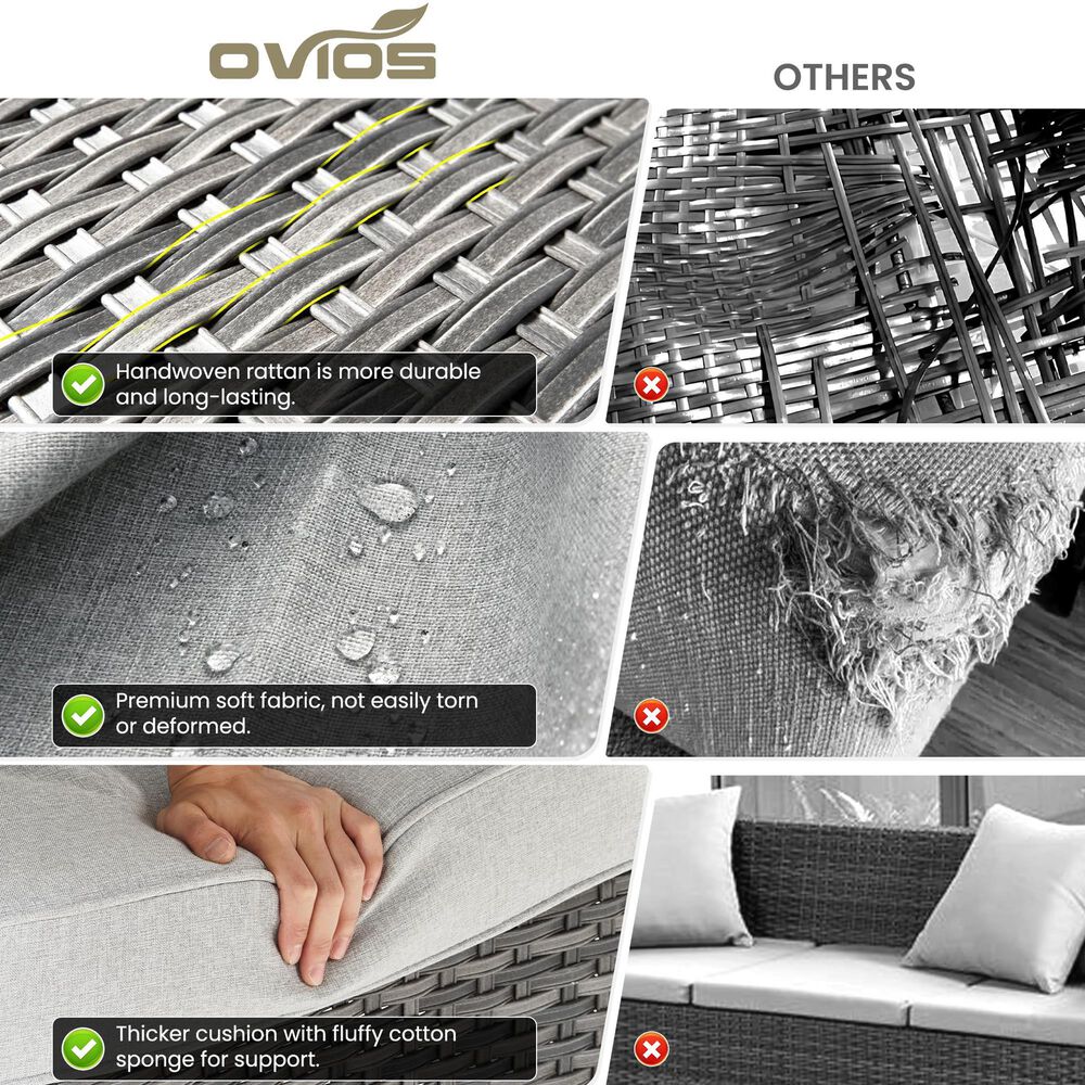 HOMLUX 7-Piece Patio Set with 42 Inch Fire Pit Table, Outdoor Wicker Sofa and Swivel Rocking Chairs, Grey Rattan in Gray, , large