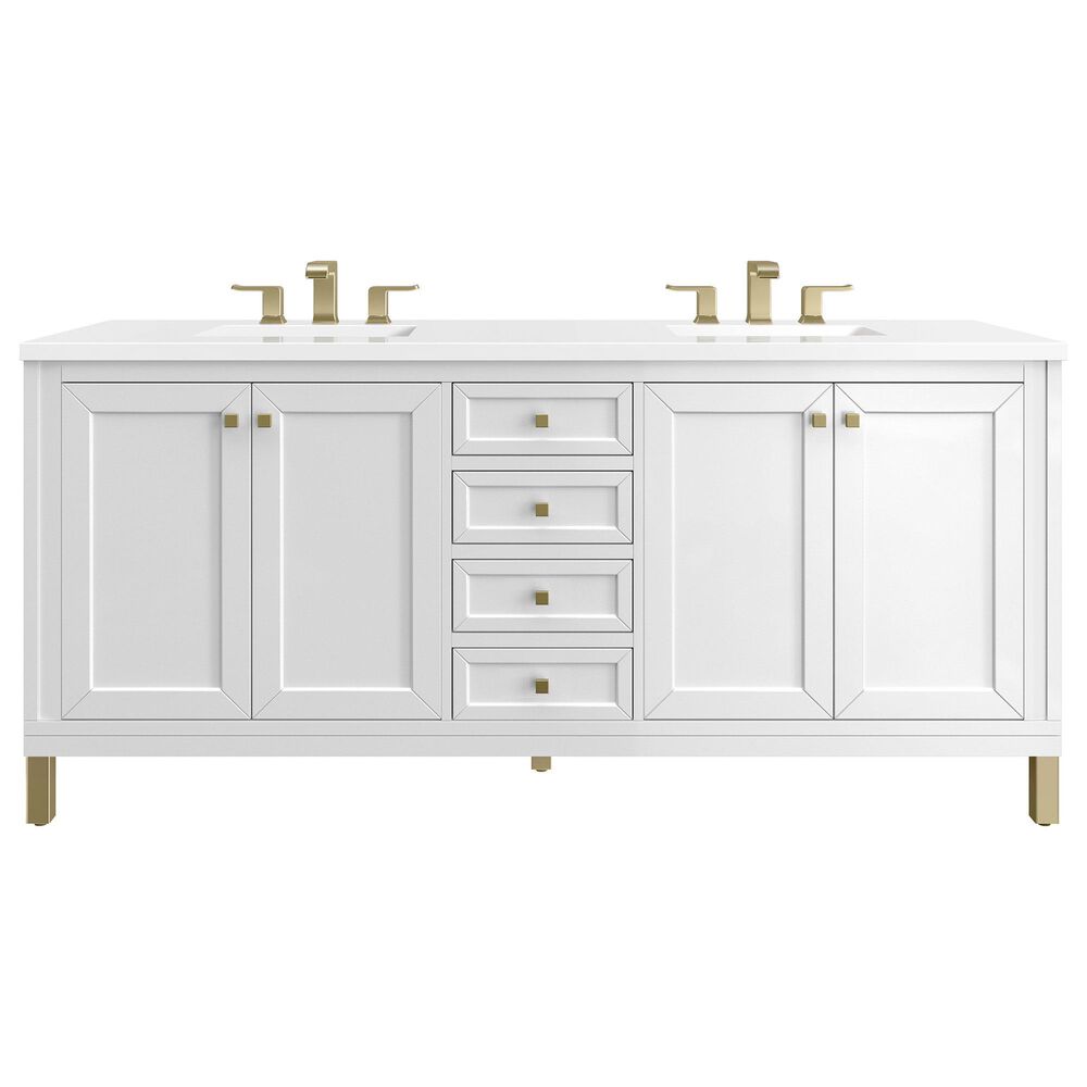 James Martin Vanities Chicago 72" Double Bathroom Vanity in Glossy White with 3 cm White Zeus Quartz Top and Rectangular Sinks, , large
