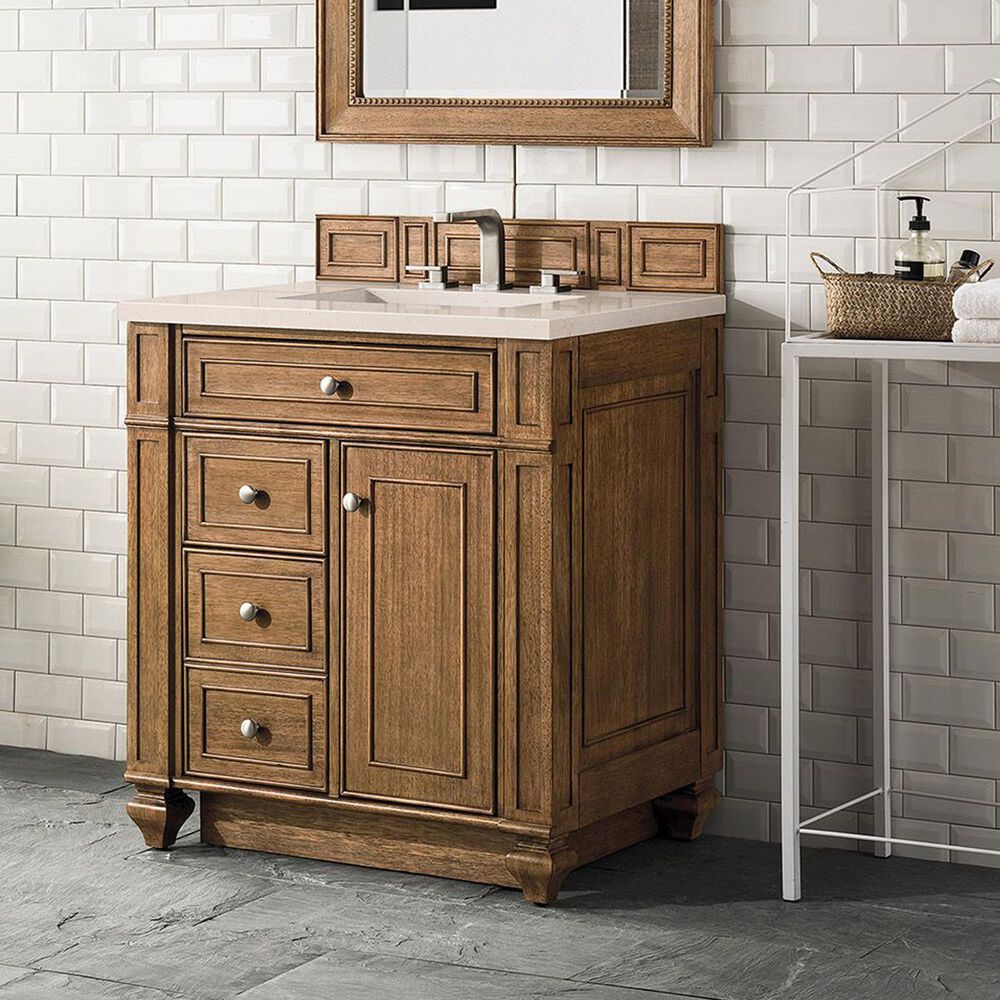 James Martin Vanities Bristol 30&quot; Single Bathroom Vanity in Saddle Brown with 3 cm Eternal Marfil Quartz Top and Rectangular Sink, , large