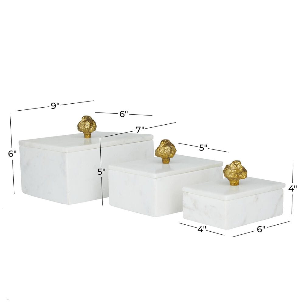 Maple and Jade 3-Piece Decorative Box Set with Finial in Polished White and Metallic Gold, , large