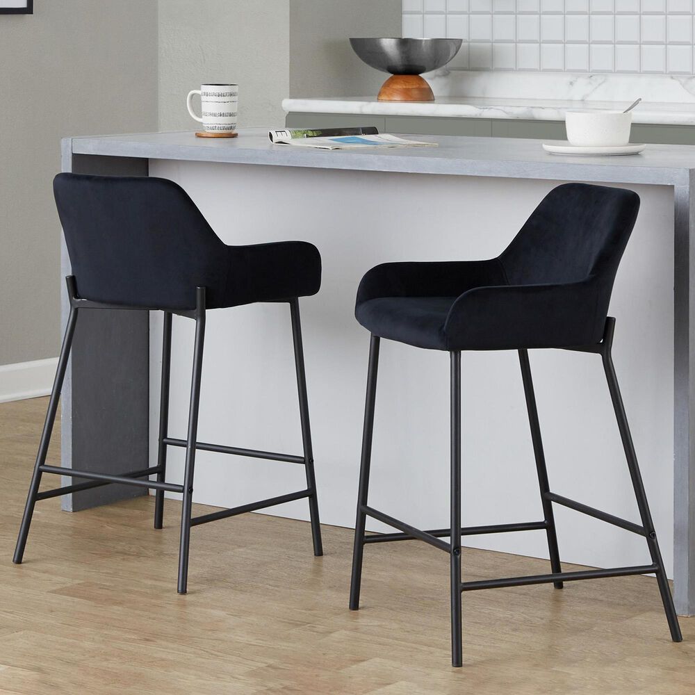 LumiSource Daniella Counter Stool with Black Velvet Upholstery in Black (Set of 2), , large