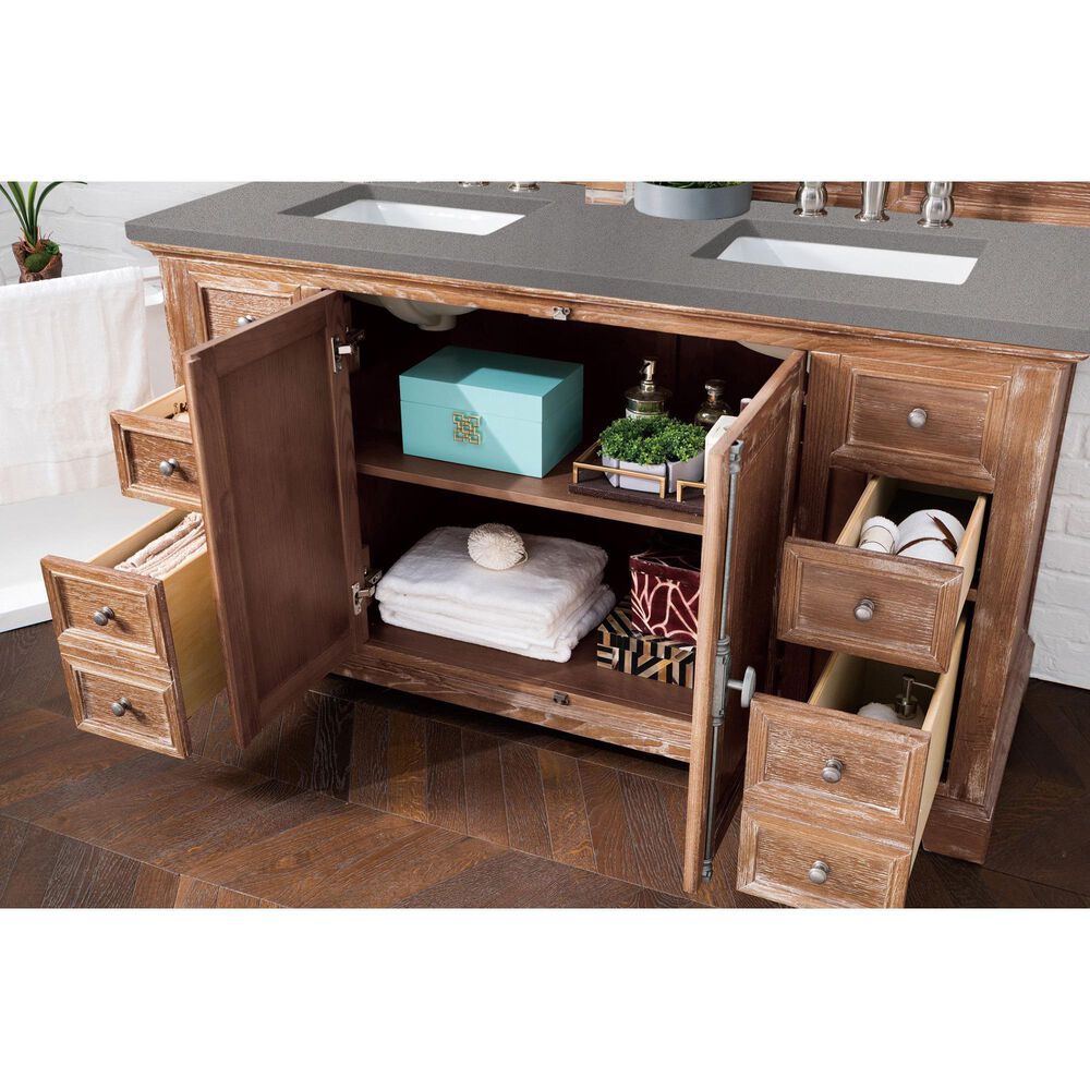 James Martin Providence 60" Double Bathroom Vanity in Driftwood with 3 cm Grey Expo Quartz Top