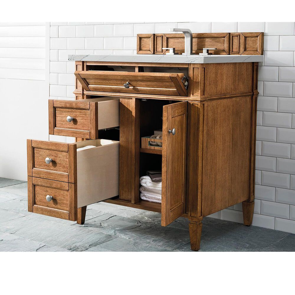 James Martin Vanities Brittany 30&quot; Single Bathroom Vanity in Saddle Brown with 3 cm Ethereal Noctis Quartz Top and Rectangular Sink, , large