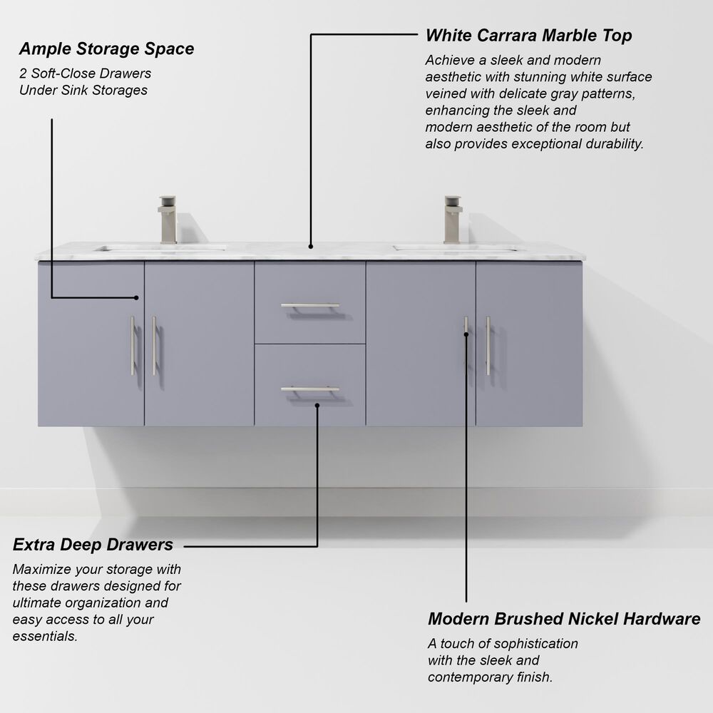 Lexora Home Geneva 60&quot; Double Bathroom Vanity in Dark Grey with 2 cm White Carrara Marble Top and Rectangular Sinks, , large