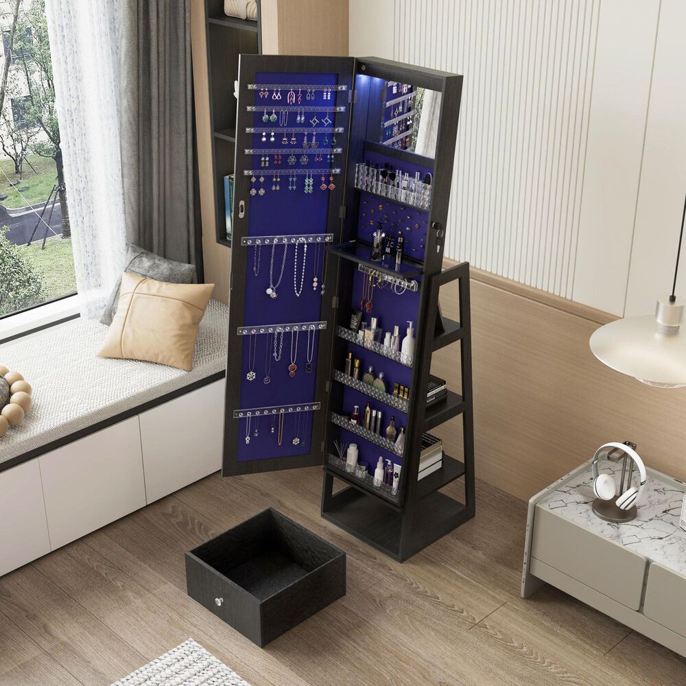 GigaCloud Swivel Jewelry Cabinet with Full Length Mirror and Storage Drawers in Black, , large