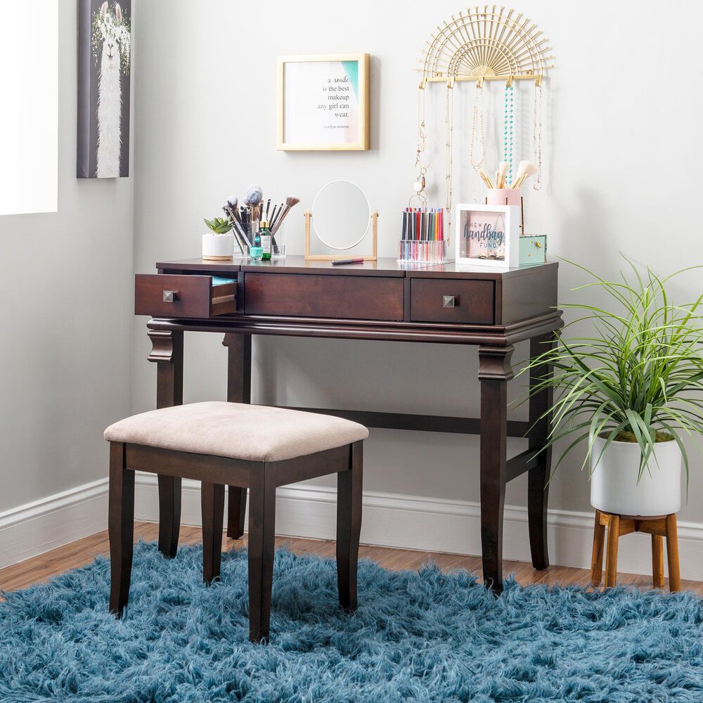 Linon Home Decor Angela Vanity with Stool in Walnut, , large