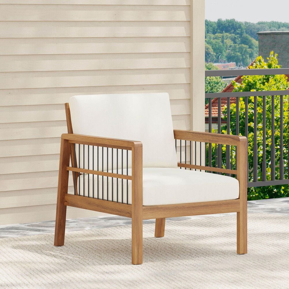 Hearth and Haven Outdoor Acacia Wood Club Chair with Beige Cushions and Slat Panel in Teak, , large