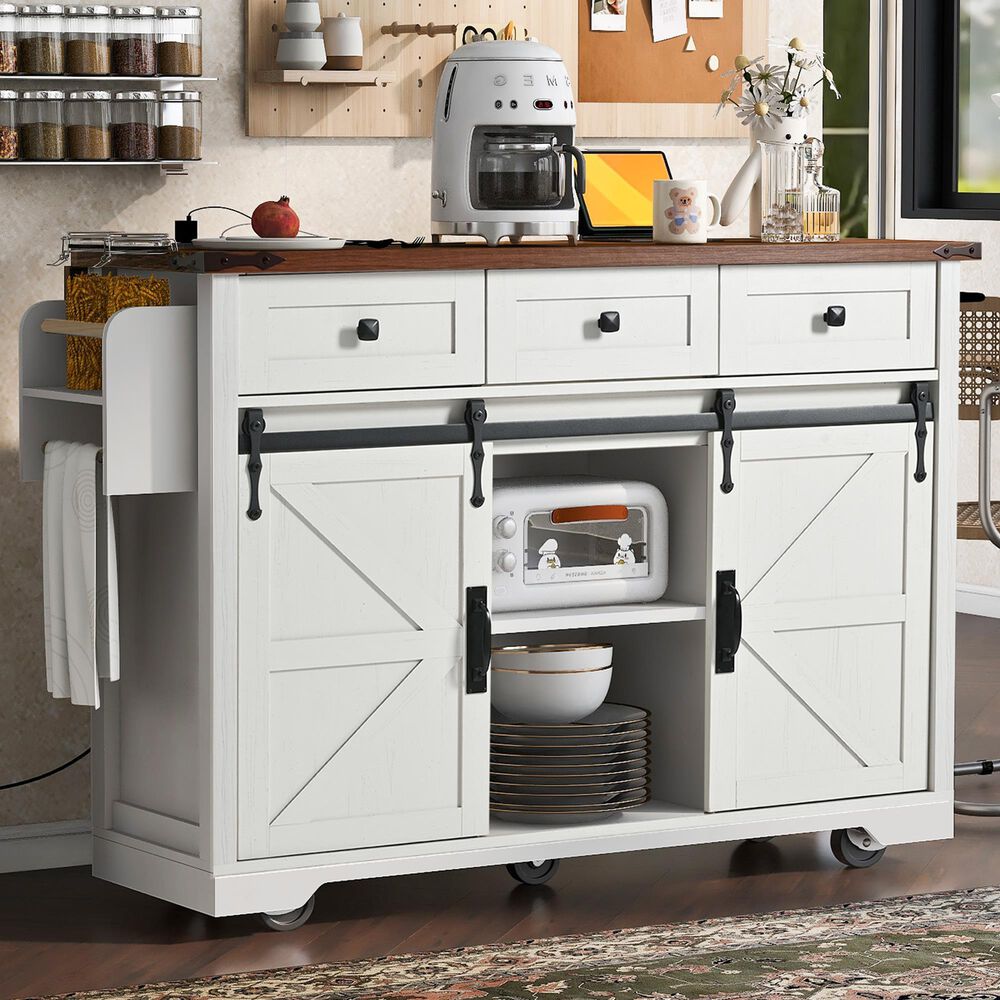 HOMLUX 54" Kitchen Island with Sliding Barn Door in White, , large
