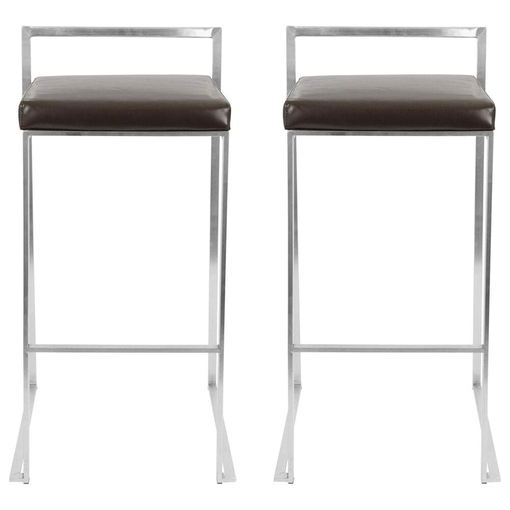 Lumisource Fuji Stackable Barstool with Brown Faux Leather in Brushed Stainless Steel &#40;Set of 2&#41;, , large