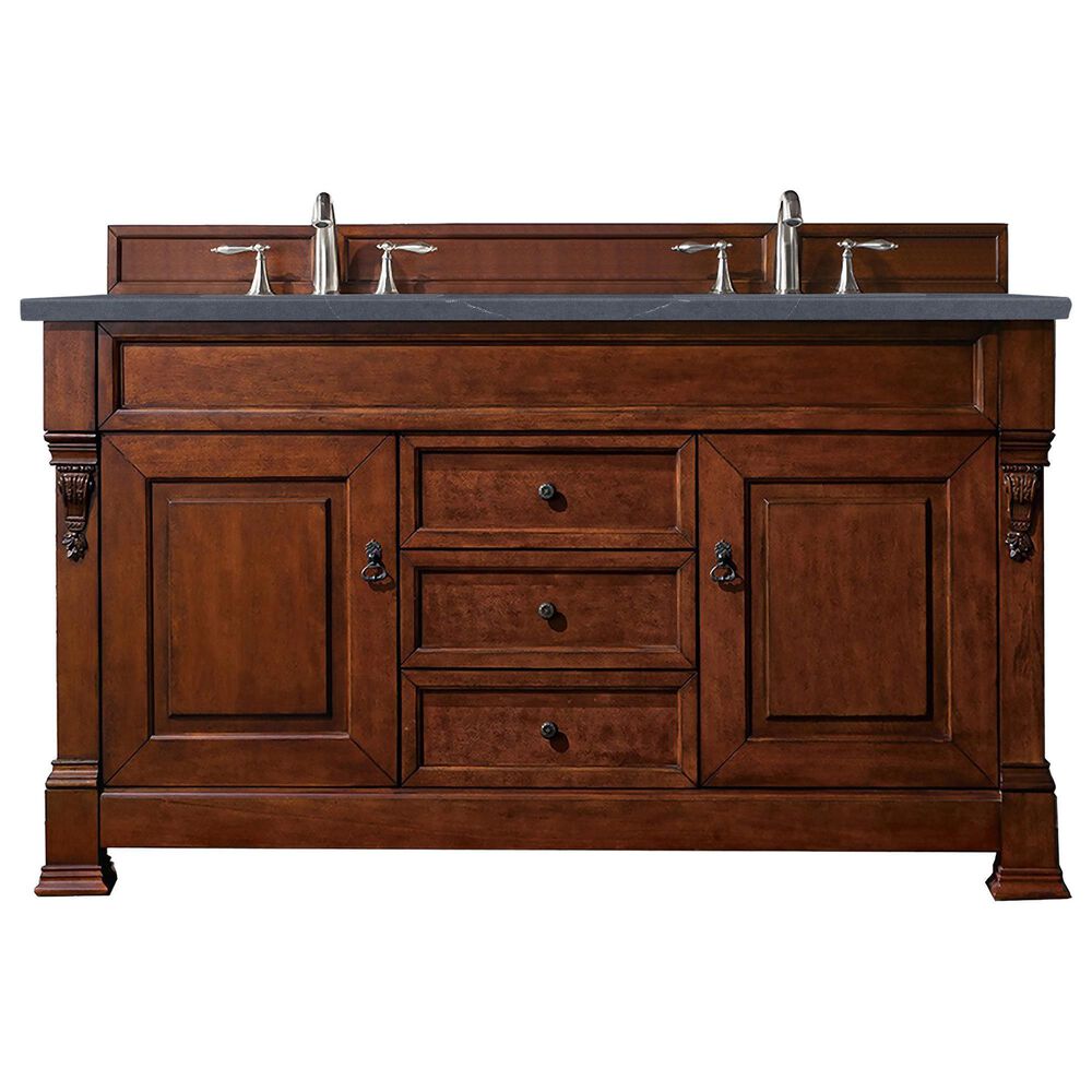 James Martin Vanities Brookfield 60" Double Bathroom Vanity in Warm Cherry with 3 cm Charcoal Soapstone Quartz Top and Rectangle Sink, , large