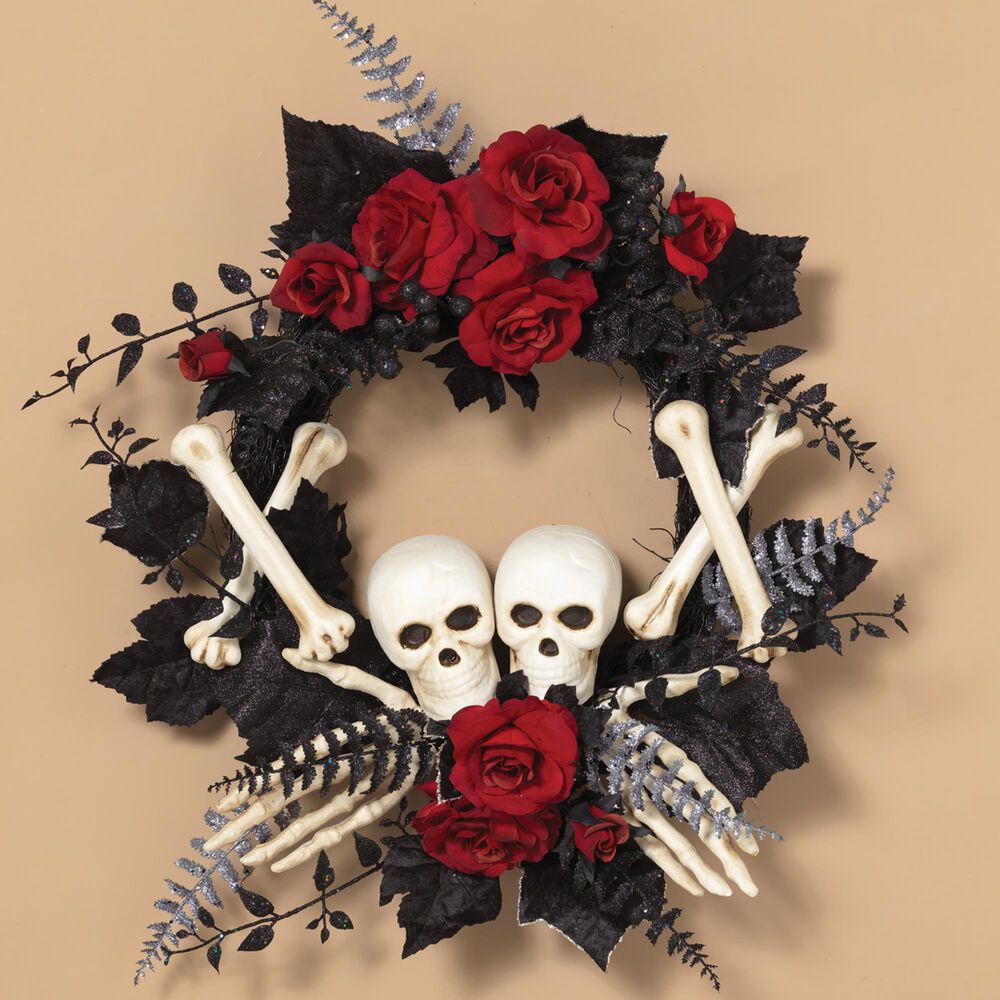 The Gerson Company 24" Halloween Skeleton & Roses Wreath in Black, , large