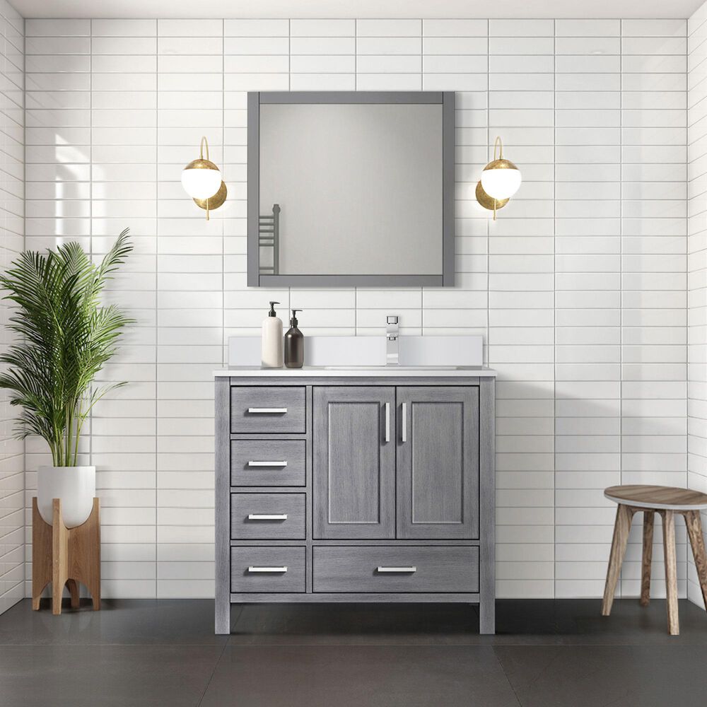 Lexora Home Jacques 36&quot; Right Offset Single Bathroom Vanity in Distressed Grey with 2 cm White Quartz Top and Rectangular Sink, , large