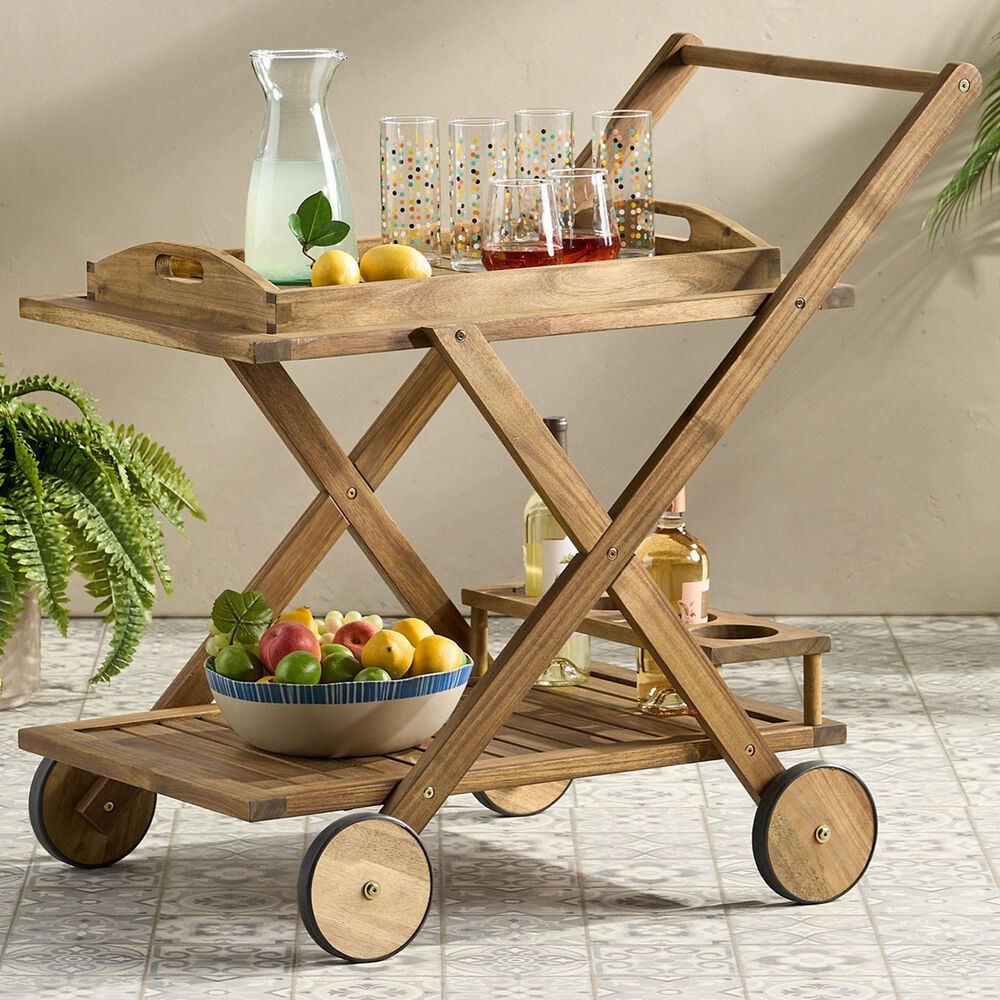 Hearth and Haven Riviera Bar Cart in Natural Stained with Glass Holders, , large