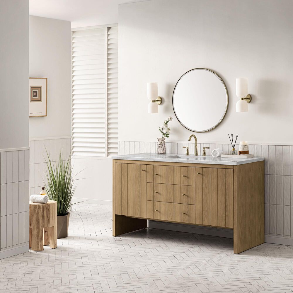 James Martin Vanities Hudson 60" Single Bathroom Vanity in Light Natural Oak with 3 cm Victorian Silver Quartz Top, Rectangular Sink and FreePower Wireless Charger, , large