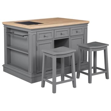 Linden Boulevard Penda Kitchen Island with 2 Stools in Gray, , large