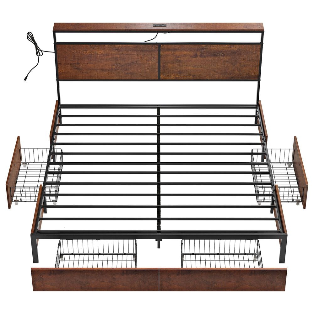 HOMLUX King 4-Drawer Storage Bed with LED Headboard and Charging Station in Rustic Brown, , large