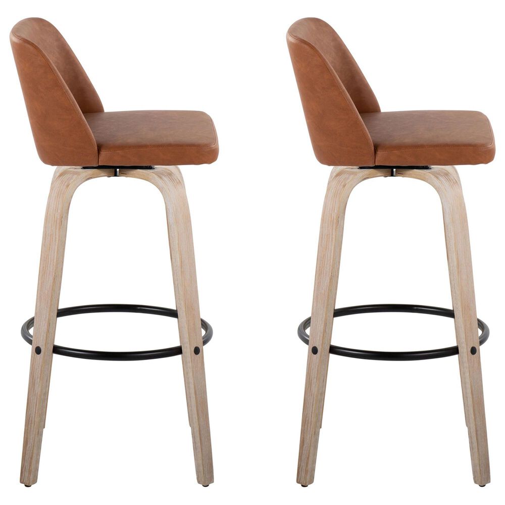 LumiSource Toriano Swivel Bar Stool with Camel Faux Leather Upholstery in Whitewashed and Black (Set of 2), , large