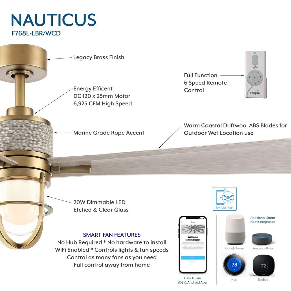 Minka-Aire Nauticus 65" Smart Indoor/Outdoor Ceiling Fan with Warm Coastal Driftwood Blades in Legacy Brass, , large