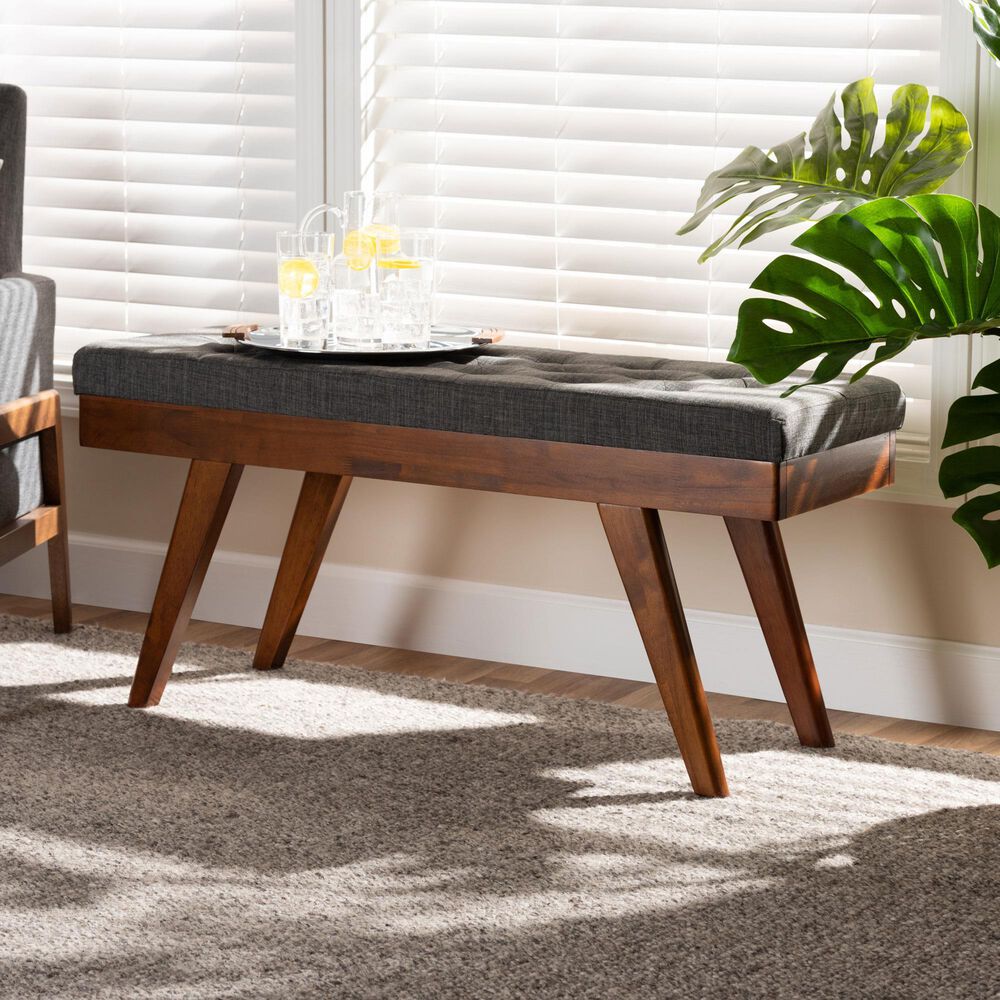 Baxton Studio Alona Dining Bench with Medium Grey Cushion in Walnut Brown, , large