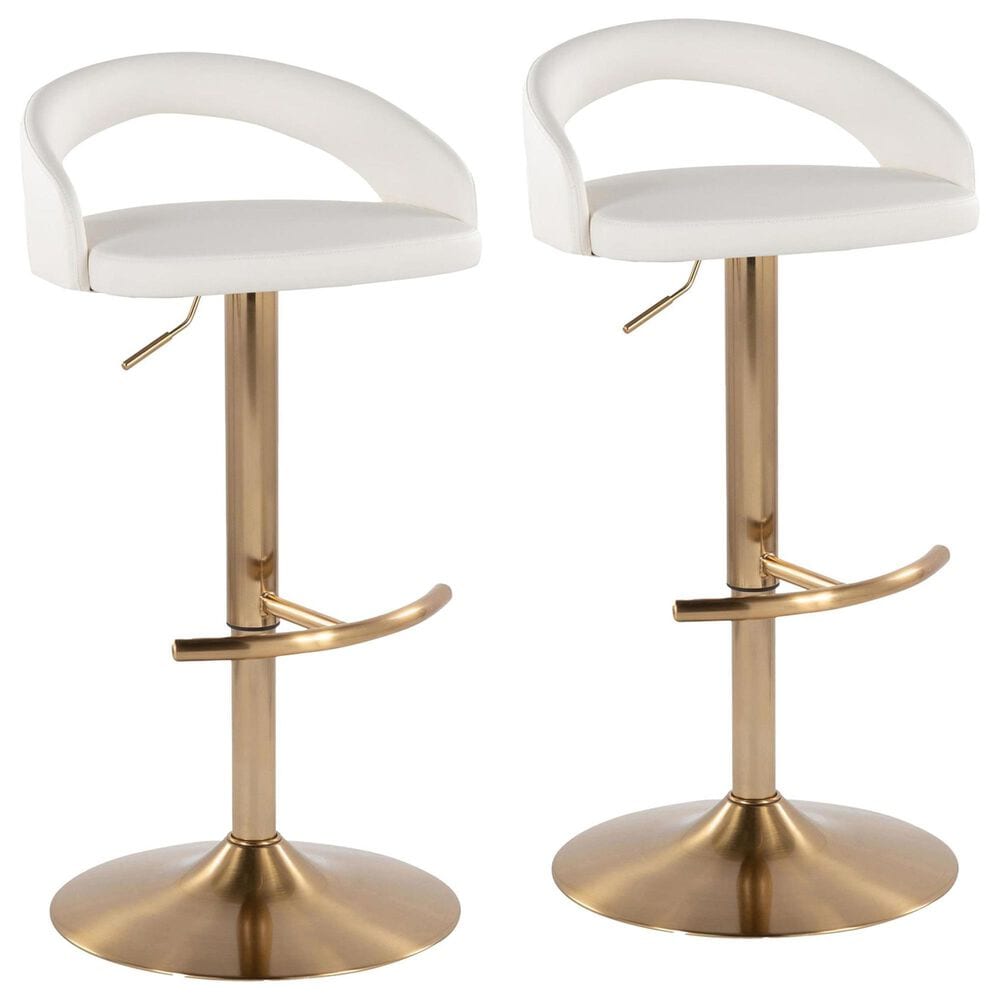 LumiSource Grotto Adjustable Bar Stool with White Faux Leather Upholstery in Gold (Set of 2), , large